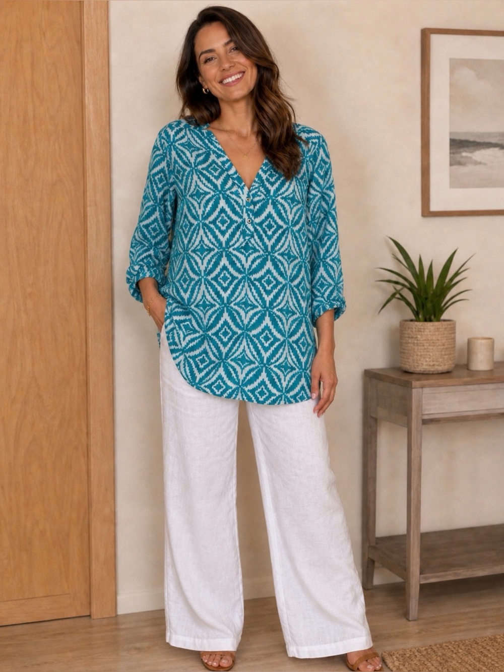 Banana Republic Ikat V-Neck Lightweight Flowy 3/4 Sleeves Tunic Top Size M